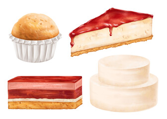 Confectionery set of objects. Sponge cake with mousse, cream, cheesecake with jelly toping, cupcake. Pastry sweet berry dessert for birthday, home parties, sweet gift. Digital isolated illustration