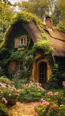 Charming cottage enveloped in lush greenery and flowers