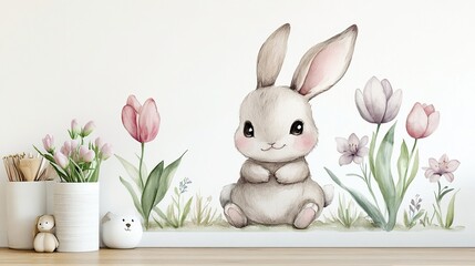 Fototapeta premium Easter joyful watercolor bunny playing next to tulips and lilies on a pure white background