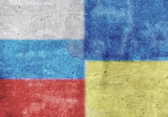 Fototapeta premium flag of the Ukraine and Russia on the wall and Russia on the wall