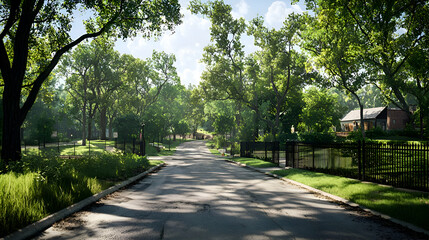 Fototapeta premium Sunlit Residential Road Through Lush Green Trees