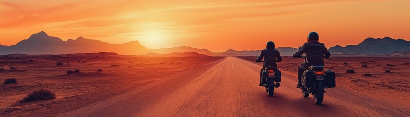 Two motorcyclists ride into a stunning sunset on a tranquil desert road.
