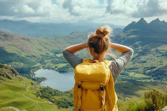 Hiker Views Mountain Lake
