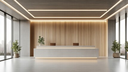 Fototapeta premium Modern Office Reception Area with Wooden Wall and Concrete Floor