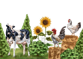 Horizontal border with a composition of cow, calf, han, chicken. Farm animals grazing among bushes and haystacks. Digital illustration on white background. Template for design, postcards, posters