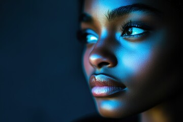 Side profile of woman with blue light on face