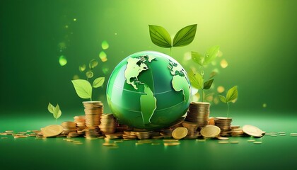 A green globe surrounded by coins and leaves, symbolizing the intersection of environmental sustainability and economic growth.