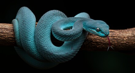 Fototapeta premium Blue Viper Snake Coiled on Branch with Tongue Out Wildlife Photography