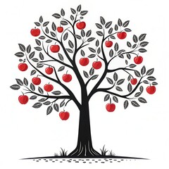 Obraz premium A stylized black tree with vibrant red apples, showcasing lush leaves, embodying nature's beauty and abundance.