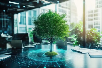 A corporate office setting where professionals analyze eco-friendly financial growth strategies with a tree hologram in the center.