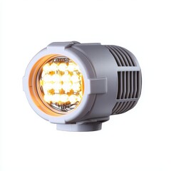 Construction site concept for construction projects. A compact, round LED light fixture designed for efficient illumination, showcasing a series of bright bulbs within a robust housing.