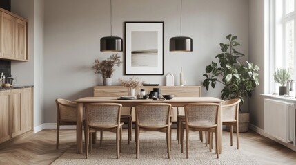 Modern Minimalist Dining Room Interior with Wooden Table and Chairs