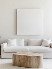 Modern minimalist living room showcasing a rustic wood table and a large white sofa