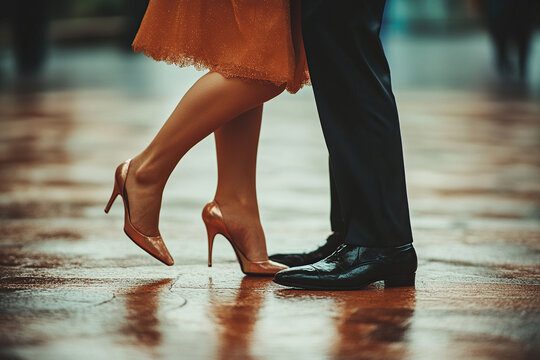 Dance shoes of a couple. A couple dancing a ballroom dance on wet asphalt. The dancers' feet are in close-up. A dance class - Powered by Adobe