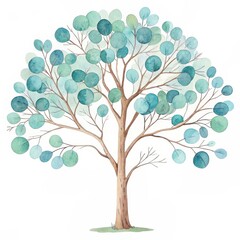 Obraz premium A watercolor illustration of a tree with vibrant teal leaves and a simple brown trunk, evoking a serene, natural atmosphere.