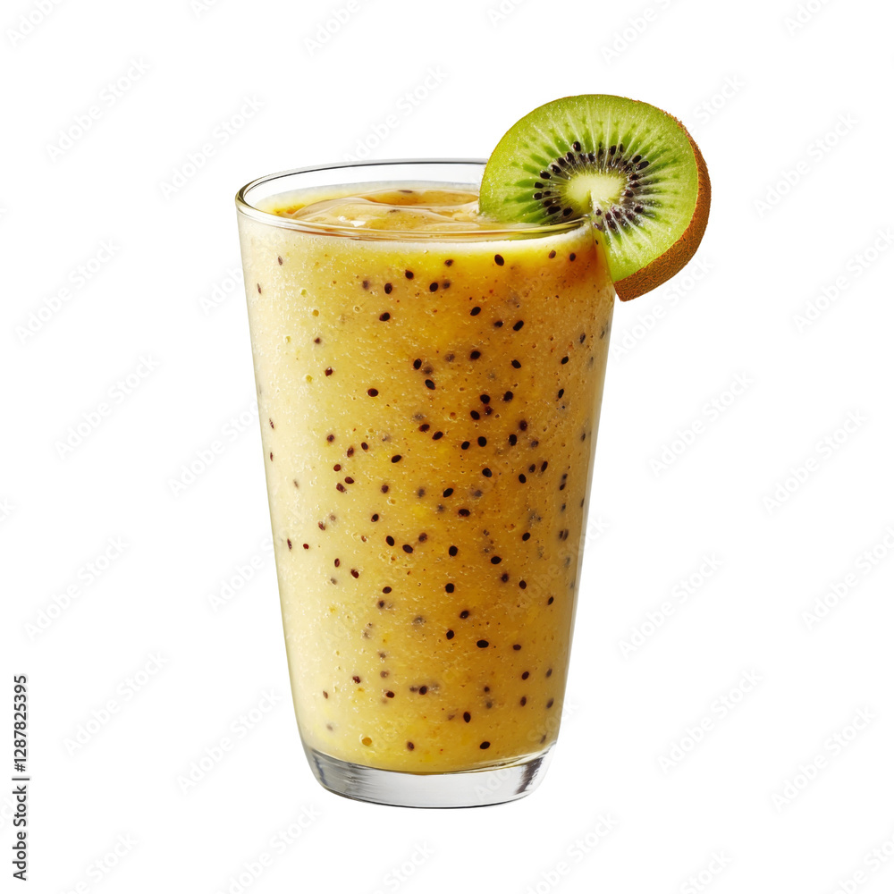 Poster delicious smoothie made with tropical fruits, featuring vibrant yellow color and topped with slice o