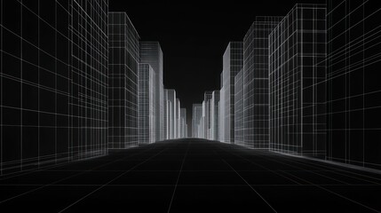 Wireframe city street, night, vanishing point, urban planning