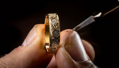 A macro shot of a jeweler engraving a gold ring, with intricate details of the engraving process and metal shavings visible, highlighting the craftsmanship and precision involved.
