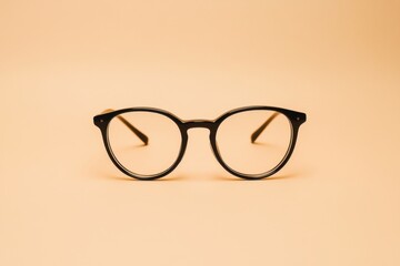 A pair of black eyeglasses resting on a neutral color background