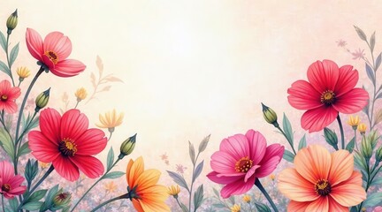 Fototapeta premium A Delicate Watercolor Floral Border Featuring Vibrant Cosmos Blooms in Shades of Pink, Red, and Orange, Perfect for Invitations, Cards, or Decorative Purposes