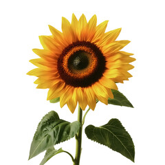 Obraz premium A stunning full shot of a sunflower with golden petals, a dark brown center, and lush green leaves on a transparent background
