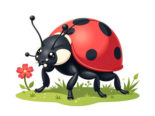 Dacha and Garden Icons logo A ladybug is walking on a grassy field. It is holding a flower in its mouth