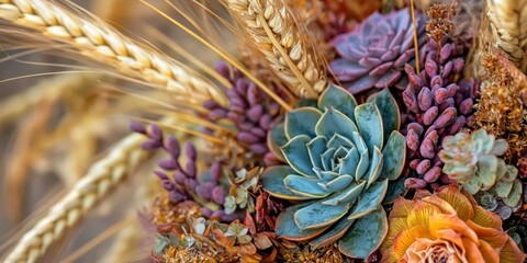 Dried flower bouquet with succulents and wheat stalks.