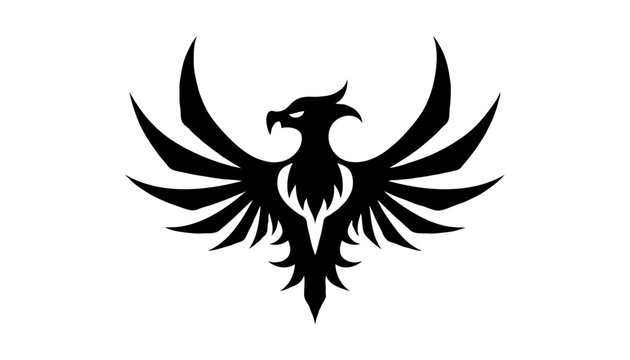 Fierce phoenix logo design, black silhouette style, emblematic illustration on white background, copy space
