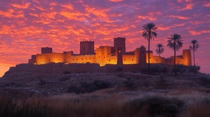 Fototapeta premium A stunning medieval fortress stands against a glowing sunset sky, evoking history, strength, and mystery.