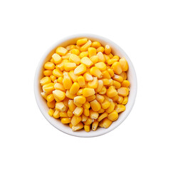 Top view of corn seed in a white bowl on transparent background