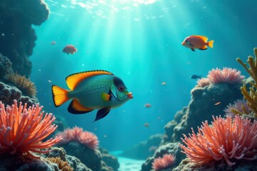 Naklejka premium Vibrant coral reef scene showcasing a diverse array of colorful fish swimming amidst lush, sea anemone gardens bathed in sunlight.
