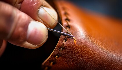 An ultra macro shot of a leatherworker’s stitching needle threading through premium leather, capturing the intricate details of the stitching process and the smooth texture of the leather.