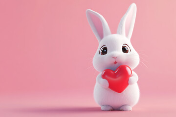 A cute white bunny holding a red heart against a soft pink background.