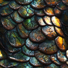 Fototapeta premium Iridescent scaled reptile skin texture in vivid greens, blues, gold, and copper. Close-up view