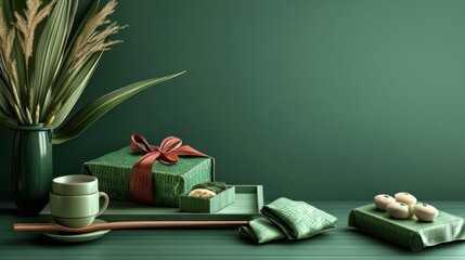 Green gift, tea, sweets, autumn plants, studio