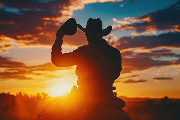 Silhouette of cowboy tipping hat at sunset