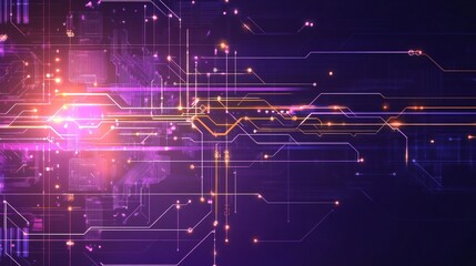 A digital purple background with futuristic lines and abstract patterns