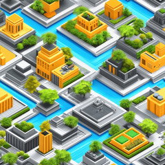Obraz premium Isometric city. Buildings, canals, and trees creating a green urban landscape viewed from above
