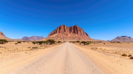 Naklejka premium Desert road leading to a red rock formation under a clear blue sky