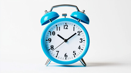 Blue alarm clock with two rings isolated on on white background. Time management and planning concept