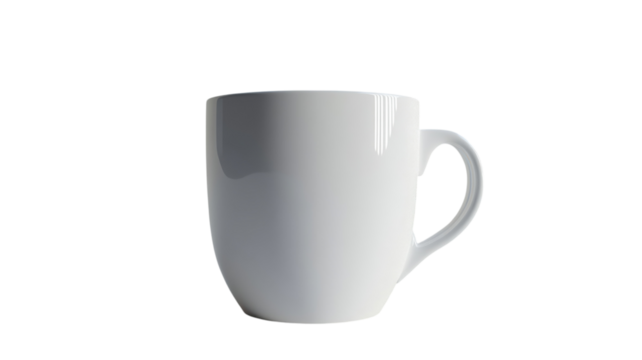 White ceramic coffee mug with a smooth finish sitting on a reflective surface in bright lighting