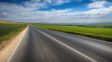 Wide road into distance, flanked by green fields and blue sky. High-definition, horizontal composition. Serene beauty.