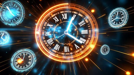 A futuristic depiction of multiple clocks in an abstract time-bending, orange and blue digital space. - Powered by Adobe