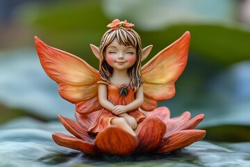 Fairy figurine, tranquil pose, garden setting