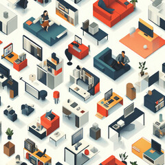 Obraz premium Isometric room layouts people working, relaxing. Office and home furniture against a bright, simple background