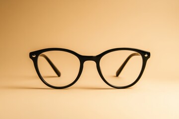 A pair of black framed eyeglasses resting on a neutral surface