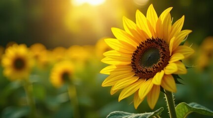 Fototapeta premium Golden hour sunlight illuminates a vibrant sunflower, its petals bathed in warm light, standing tall among a field of its brethren, creating a picturesque scene of natural beauty.