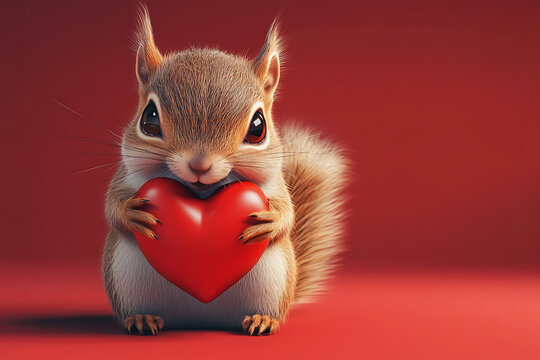 A cute squirrel holding a red heart against a vibrant background, conveying love and affection.