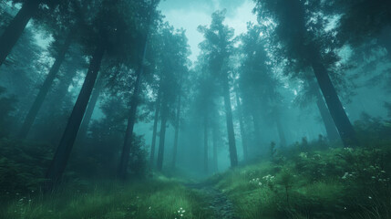 Obraz premium Immersive first-person view of a tranquil forest at sunset with mist enveloping tall trees and a glowing sun on the horizon