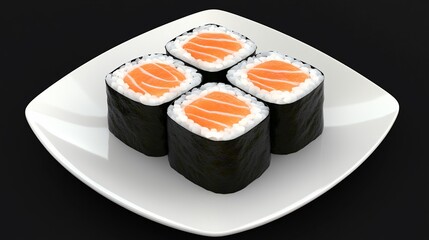 Four Salmon Sushi Rolls on White Plate, Dark Background